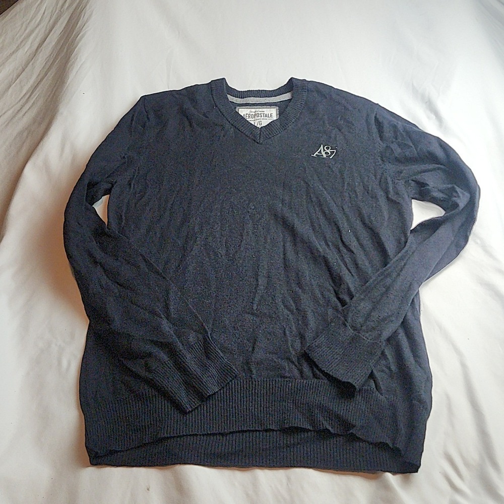 Aeropostale A87 Cable Knit V-Neck Pullover Navy Men's Size Large